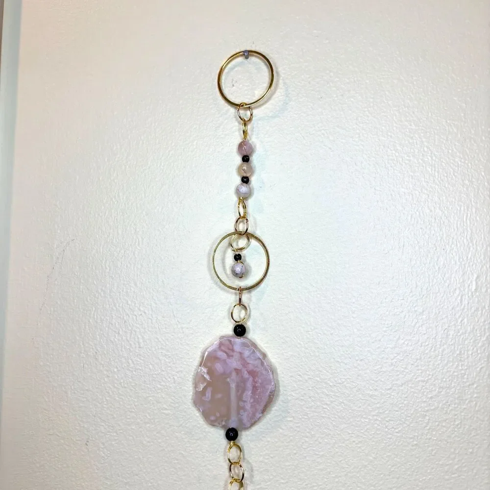 Flower Agate Black Onyx Hanging Polished Agate Slice & Beads Growth Creativity